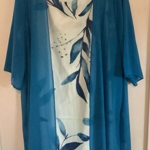 Elegant Blue Leaf Print Midi Dress